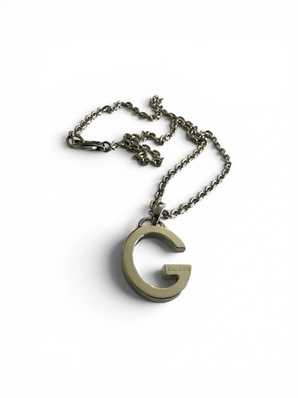 Authentic Gucci G Logo Pendant Necklace Sterling Silver 925 17” Chain Unisex